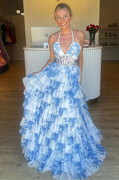 Gorgeous A Line Halter Neck Pink Floral Printed Corset Prom Dress With Ruffles AD273