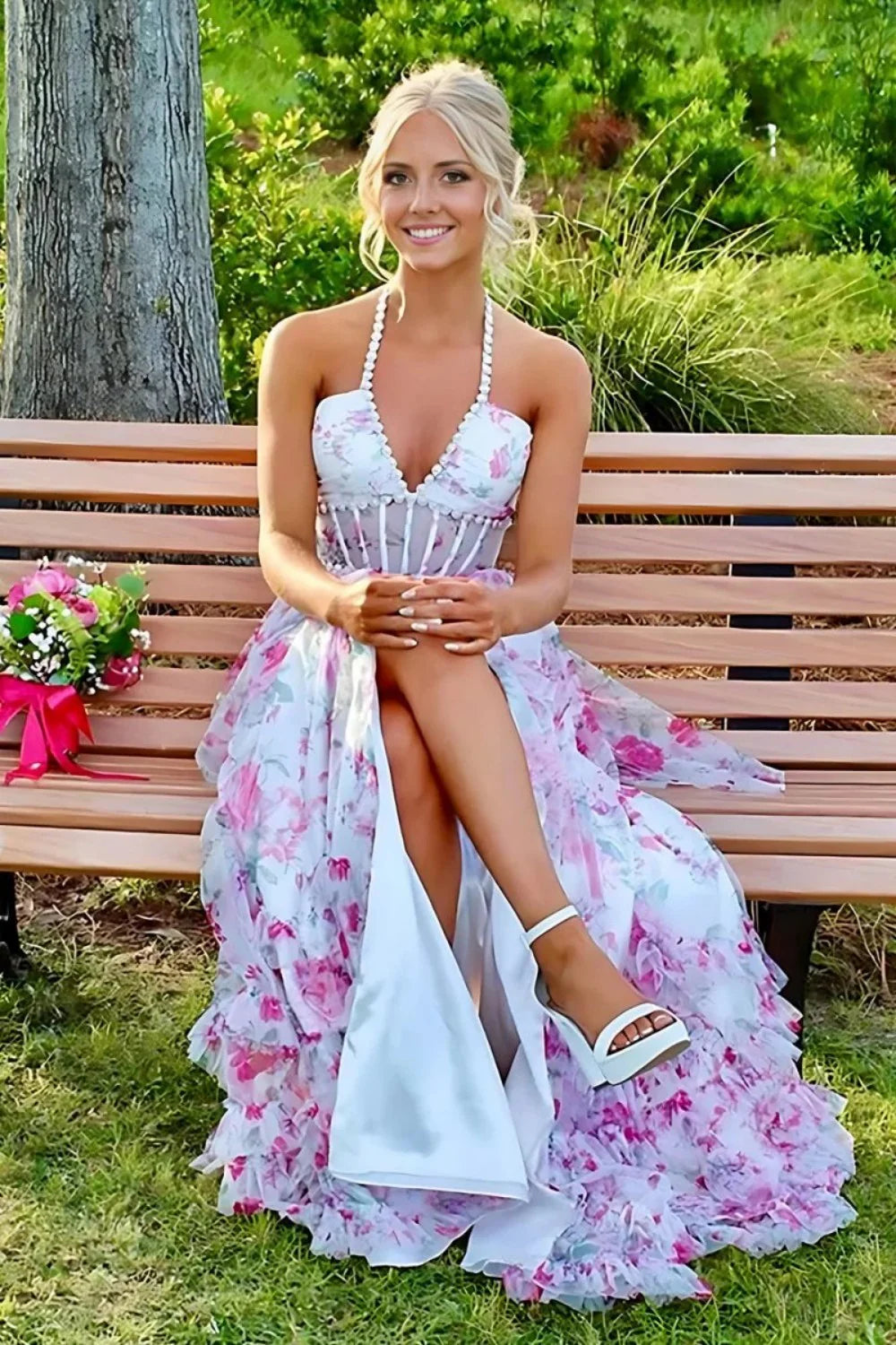 Gorgeous A Line Halter Neck Pink Floral Printed Corset Prom Dress With Ruffles AD273