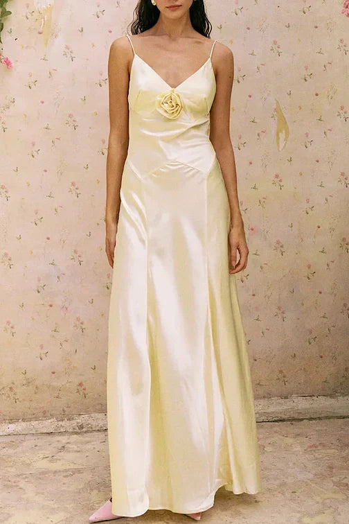 Simple Sheath Spaghetti Straps Dusty Blue Long Prom Dress With 3D Flowers AD274