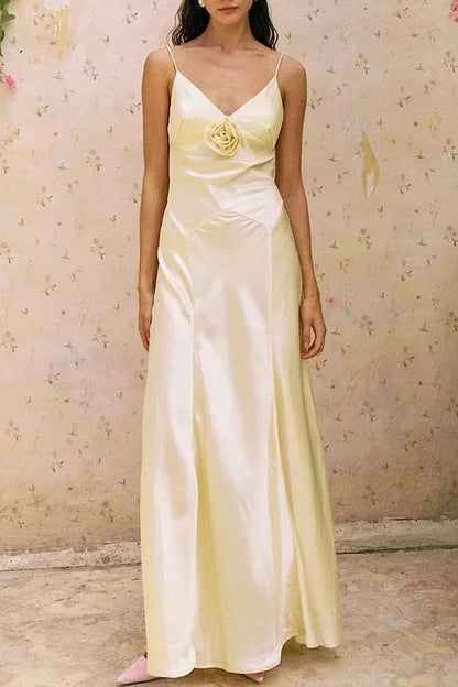Simple Sheath Spaghetti Straps Dusty Blue Long Prom Dress With 3D Flowers AD274