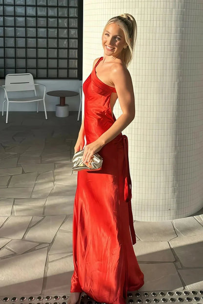 Chic Mermaid One Shoulder Red Long Prom Dress With Backless AD276