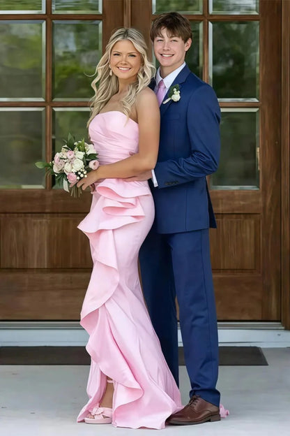 Gorgeous Mermaid Strapless Pink Long Prom Dress With Split Front Ruched AD277