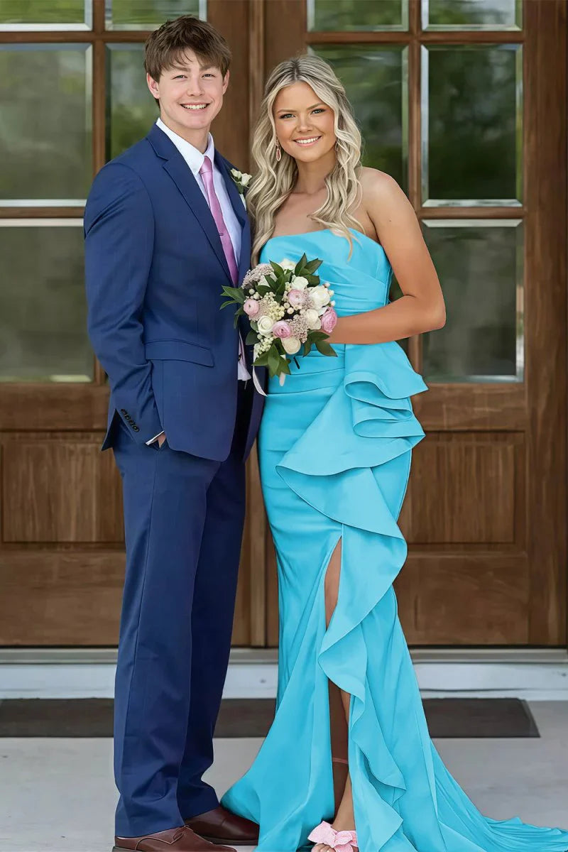 Gorgeous Mermaid Strapless Pink Long Prom Dress With Split Front Ruched AD277