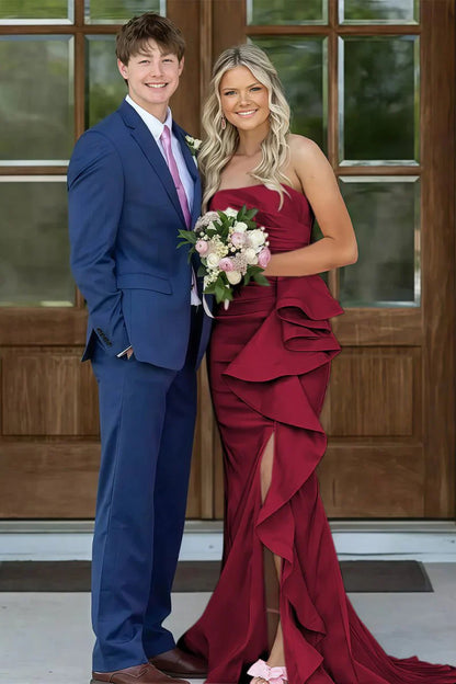 Gorgeous Mermaid Strapless Pink Long Prom Dress With Split Front Ruched AD277