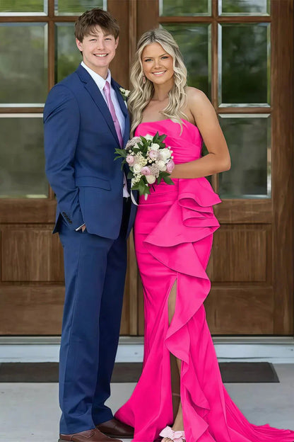 Gorgeous Mermaid Strapless Pink Long Prom Dress With Split Front Ruched AD277