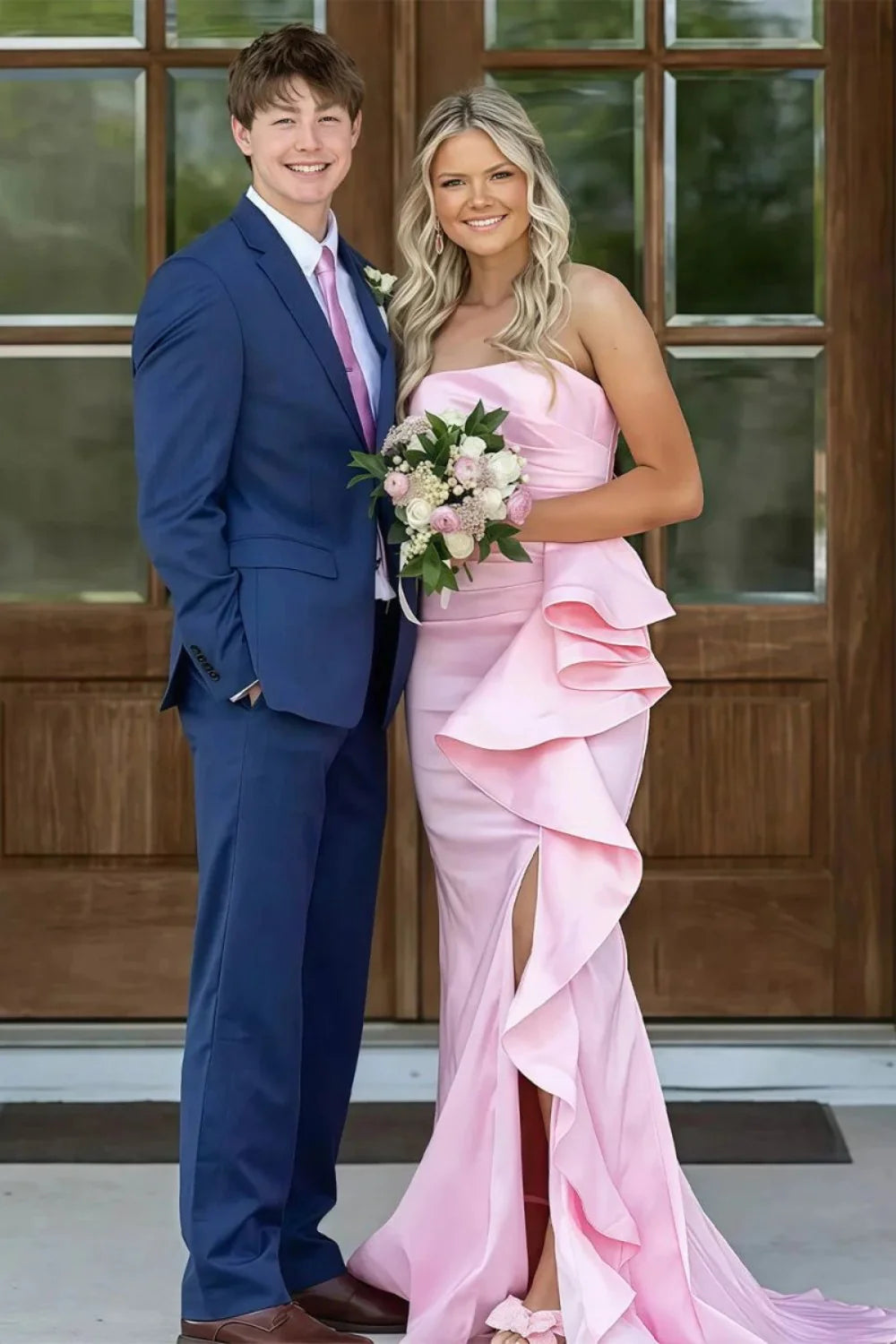 Gorgeous Mermaid Strapless Pink Long Prom Dress With Split Front Ruched AD277