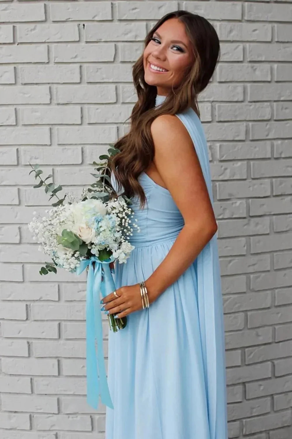 Charming A Line Strapless Blue Long Prom Dress With Scarf AD278