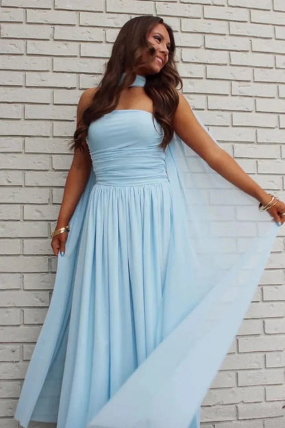 Charming A Line Strapless Blue Long Prom Dress With Scarf AD278