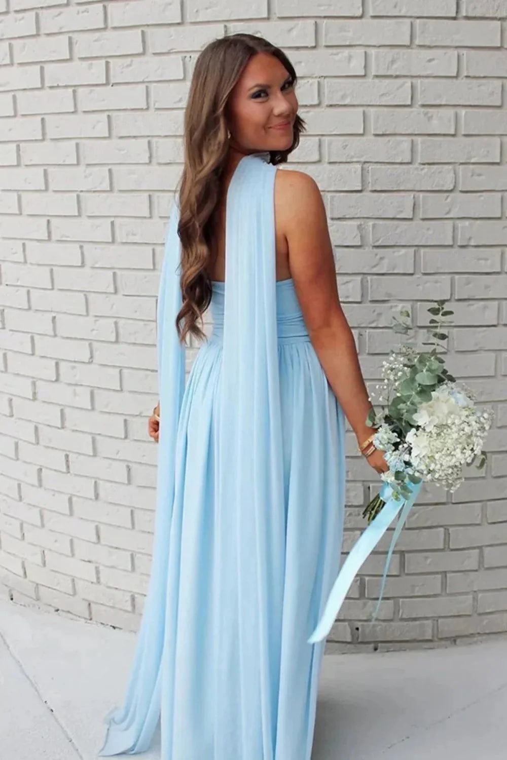 Charming A Line Strapless Blue Long Prom Dress With Scarf AD278