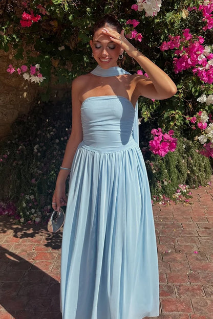 Charming A Line Strapless Blue Long Prom Dress With Scarf AD278