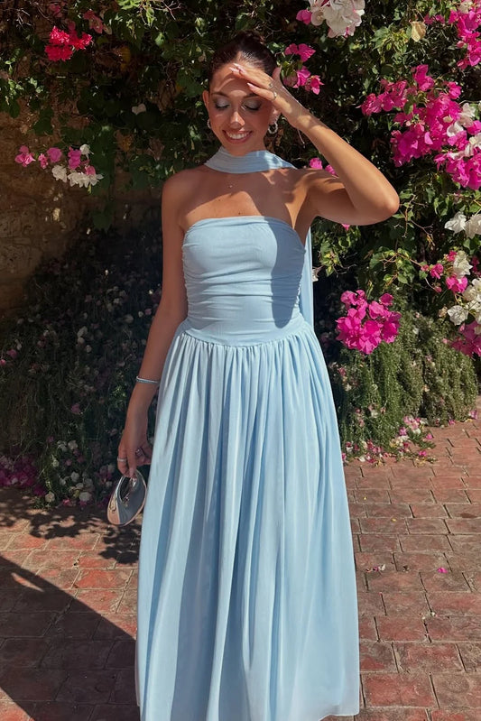 Charming A Line Strapless Blue Long Prom Dress With Scarf AD278