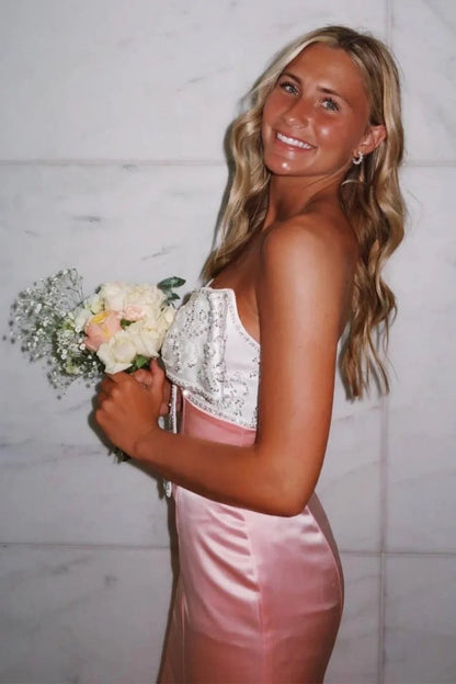 Cute Mermaid Sweetheart Pink Long Prom Dress With Beading Bowknot AD279