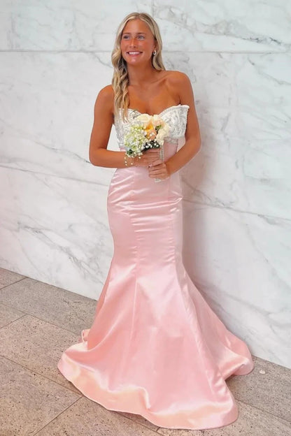 Cute Mermaid Sweetheart Pink Long Prom Dress With Beading Bowknot AD279
