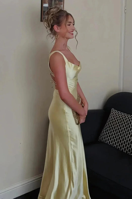 Sweety Satin Square Neck Yellow Long Prom Dress With Criss Cross Back AD280