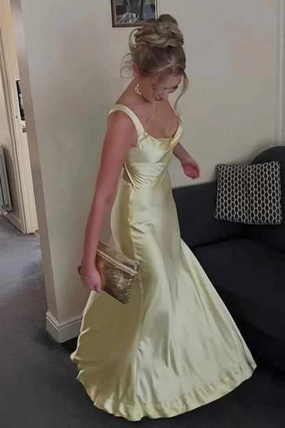 Sweety Satin Square Neck Yellow Long Prom Dress With Criss Cross Back AD280