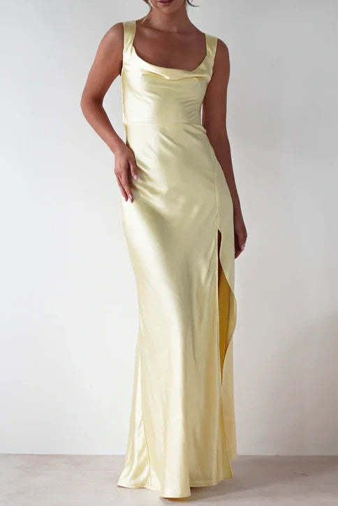 Sweety Satin Square Neck Yellow Long Prom Dress With Criss Cross Back AD280