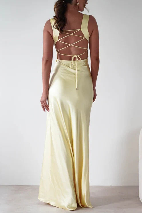 Sweety Satin Square Neck Yellow Long Prom Dress With Criss Cross Back AD280