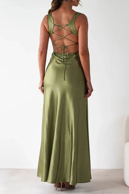 Sweety Satin Square Neck Yellow Long Prom Dress With Criss Cross Back AD280