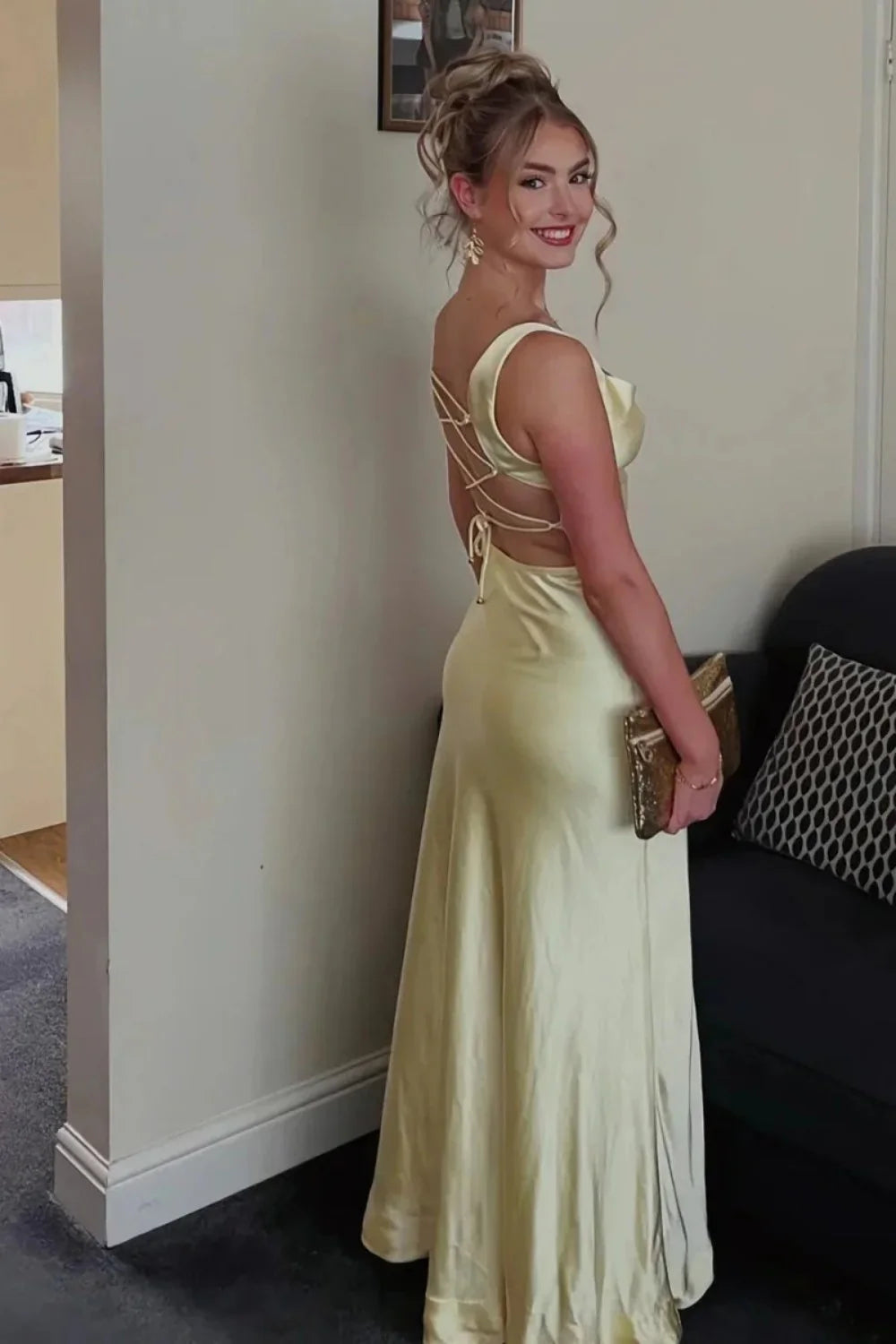 Sweety Satin Square Neck Yellow Long Prom Dress With Criss Cross Back AD280