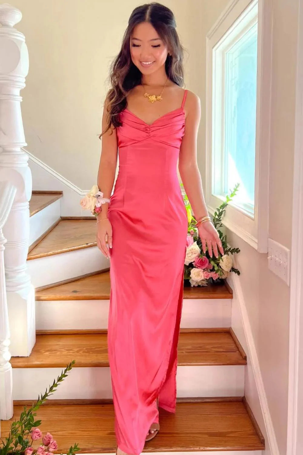 Classic Sheath Spaghetti Straps Candy Pink Long Prom Dress With Ruched AD282