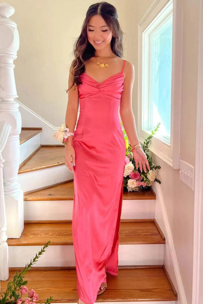 Classic Sheath Spaghetti Straps Candy Pink Long Prom Dress With Ruched AD282