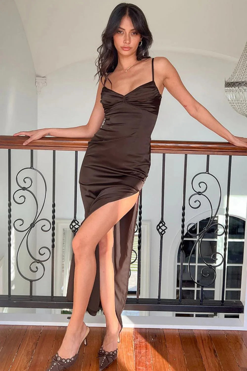 Classic Sheath Spaghetti Straps Candy Pink Long Prom Dress With Ruched AD282