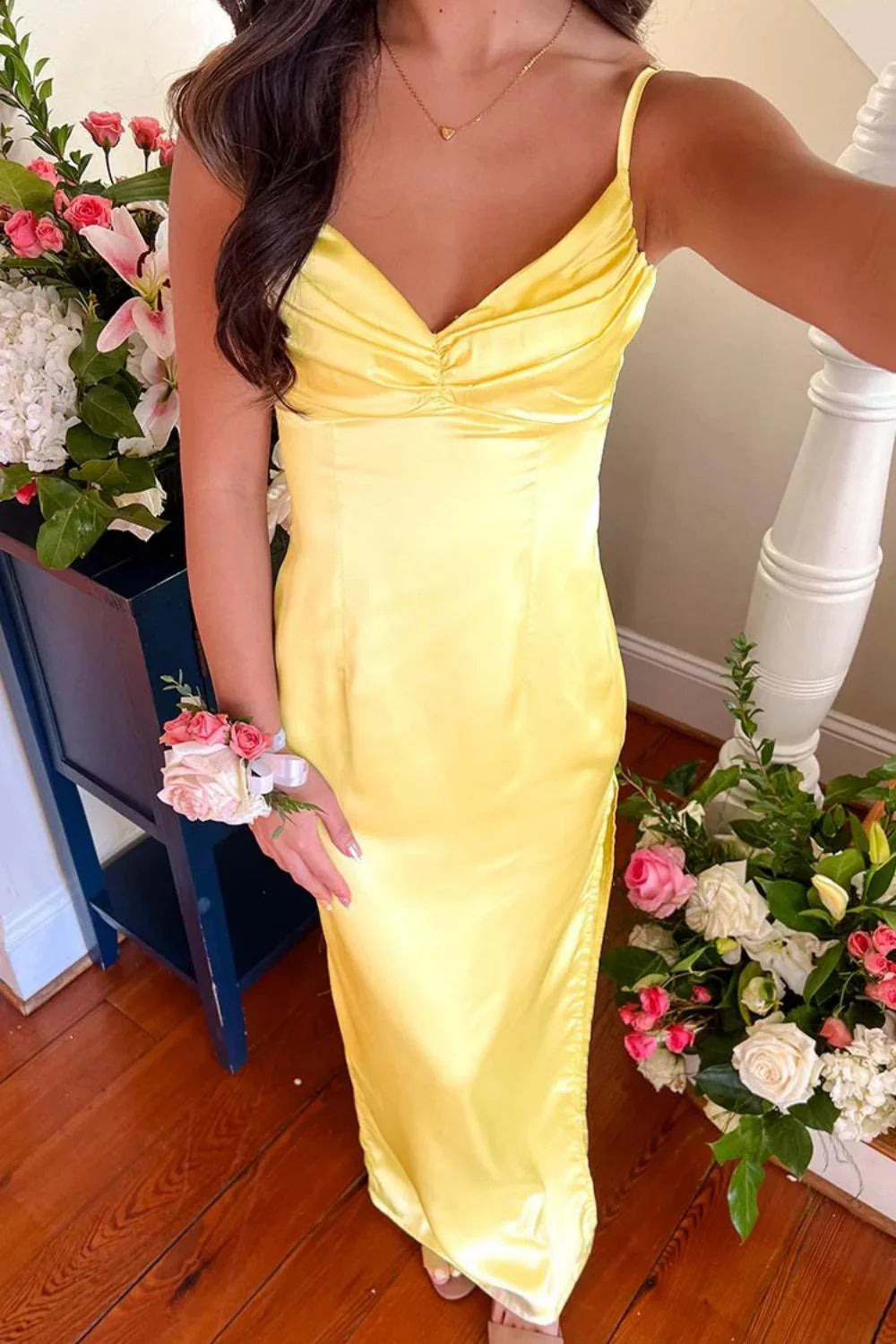 Classic Sheath Spaghetti Straps Candy Pink Long Prom Dress With Ruched AD282