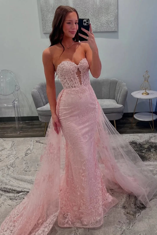 Dreamy Pink Mermaid Sweetheart Lace Prom Dress With Tulle Train AD283