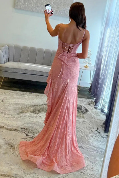 Chic Pink Lace Spaghetti Straps Prom Dress With Asymmetric Ruffle Skirt AD284