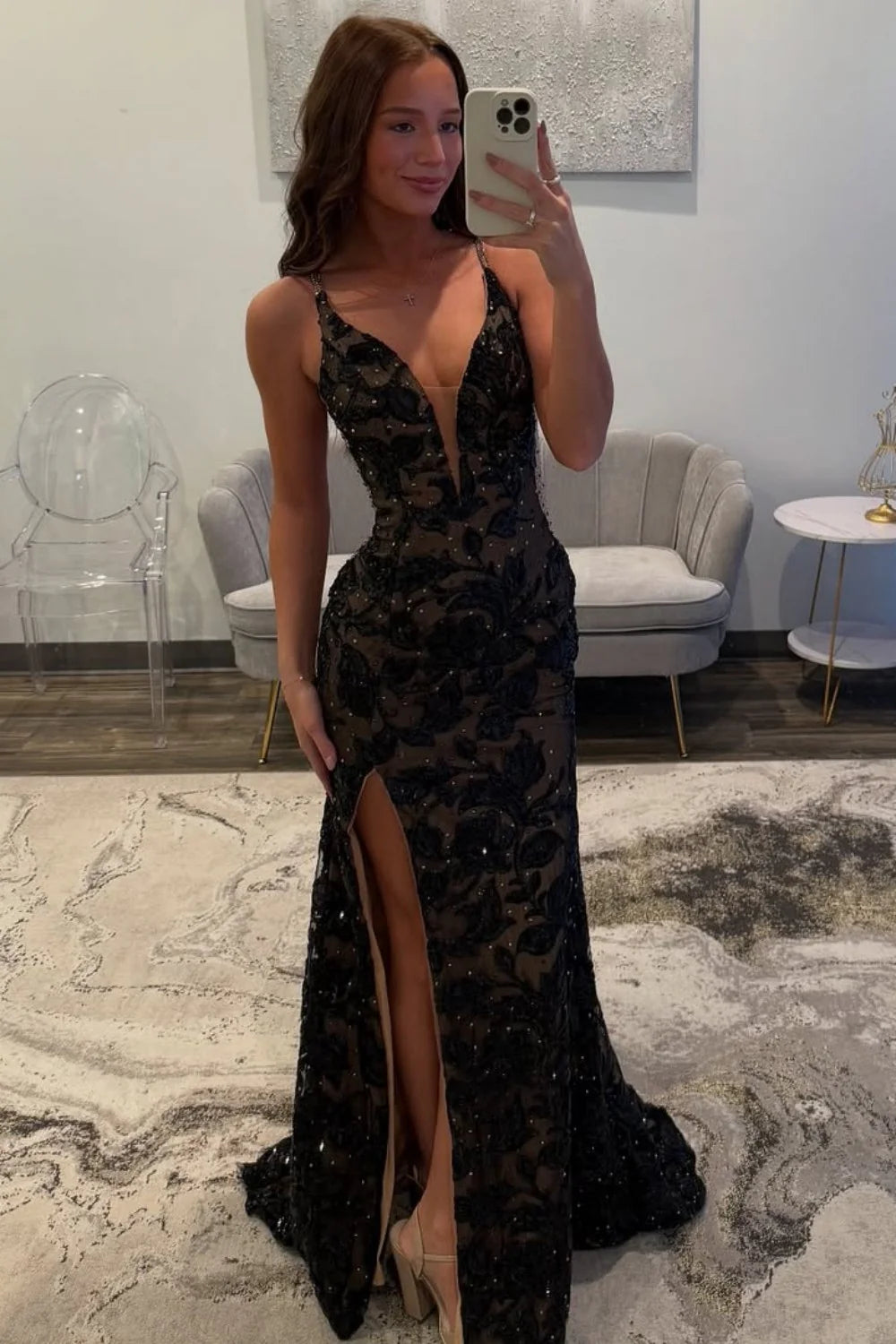 Elegant Black Sparkle Lace Mermaid Prom Dress With Plunge Neck AD285