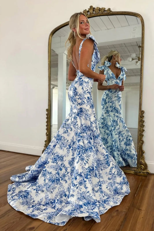 Chic Blue Floral Print Mermaid Prom Dress With Bow Shoulder Straps AD286