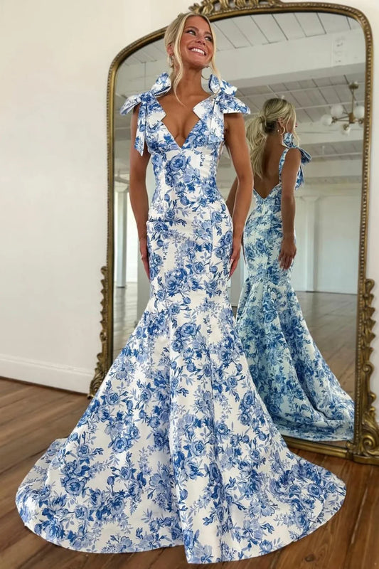 Chic Blue Floral Print Mermaid Prom Dress With Bow Shoulder Straps AD286