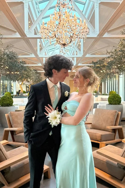 Aqua Sweetheart Twist Front Cutout Long Satin Prom Gown AD287