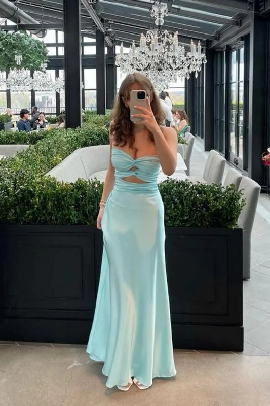 Aqua Sweetheart Twist Front Cutout Long Satin Prom Gown AD287