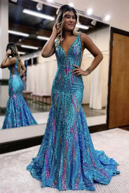 Bold Pink Glitter Mermaid V-Back Long Prom Dress With Patterned Sequins AD288