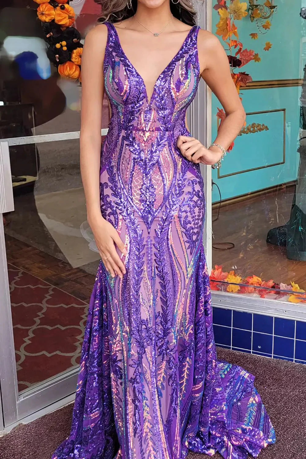 Bold Pink Glitter Mermaid V-Back Long Prom Dress With Patterned Sequins AD288