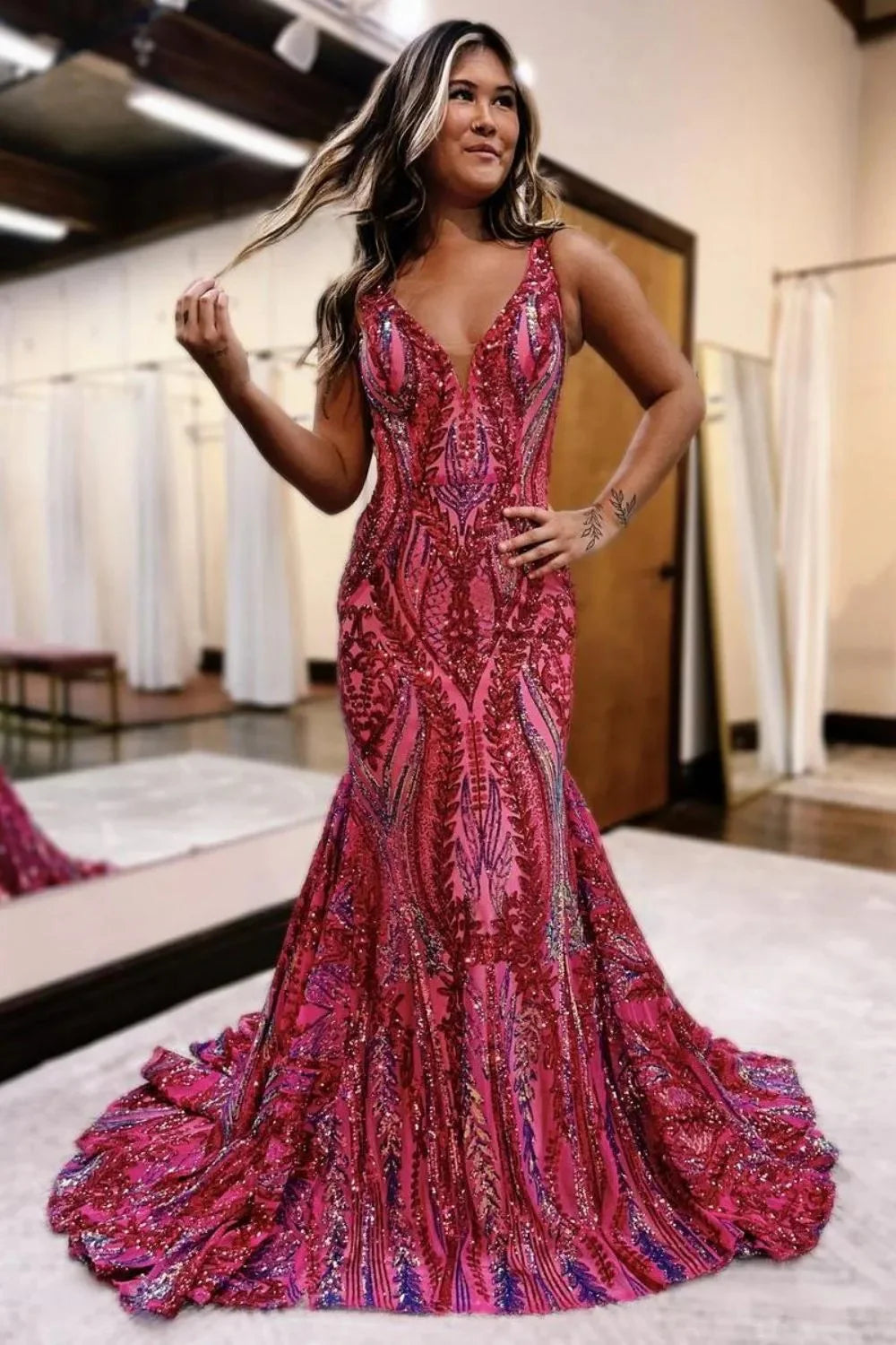 Bold Pink Glitter Mermaid V-Back Long Prom Dress With Patterned Sequins AD288