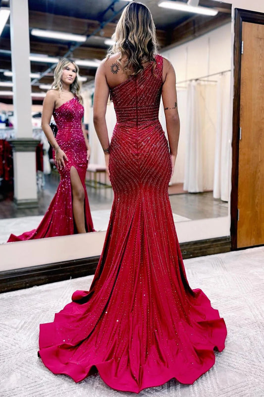 Sparkly Red One-Shoulder Sequin Mermaid Prom Dress With Slit AD289