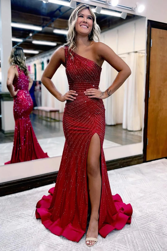 Sparkly Red One-Shoulder Sequin Mermaid Prom Dress With Slit AD289