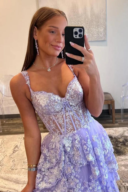Lilac A-Line Floral Lace Corset High-Low Tiered Sequin Prom Dress With Slit AD290