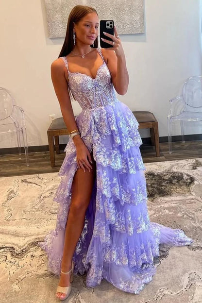 Lilac A-Line Floral Lace Corset High-Low Tiered Sequin Prom Dress With Slit AD290