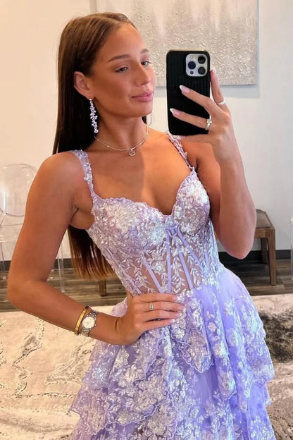 Lilac A-Line Floral Lace Corset High-Low Tiered Sequin Prom Dress With Slit AD290