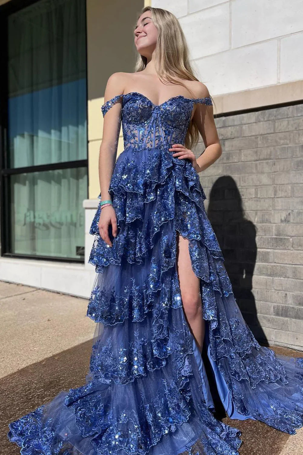 Lilac A-Line Floral Lace Corset High-Low Tiered Sequin Prom Dress With Slit AD290