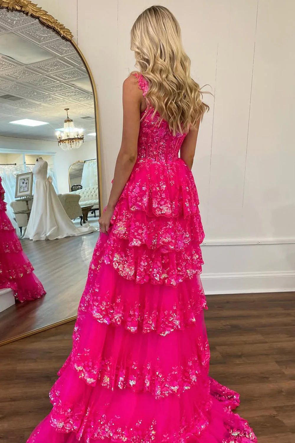 Lilac A-Line Floral Lace Corset High-Low Tiered Sequin Prom Dress With Slit AD290