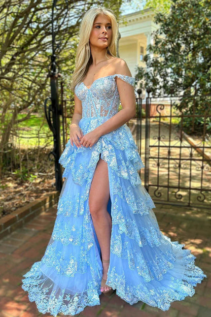 Lilac A-Line Floral Lace Corset High-Low Tiered Sequin Prom Dress With Slit AD290