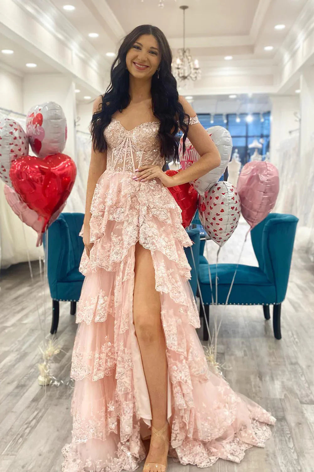 Lilac A-Line Floral Lace Corset High-Low Tiered Sequin Prom Dress With Slit AD290