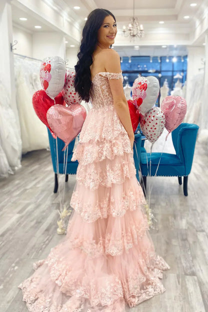Lilac A-Line Floral Lace Corset High-Low Tiered Sequin Prom Dress With Slit AD290