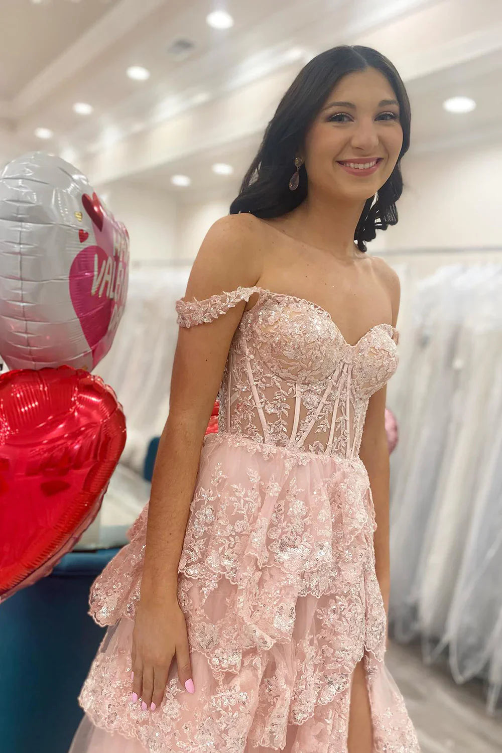 Lilac A-Line Floral Lace Corset High-Low Tiered Sequin Prom Dress With Slit AD290