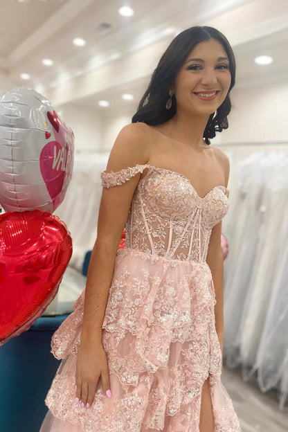 Lilac A-Line Floral Lace Corset High-Low Tiered Sequin Prom Dress With Slit AD290