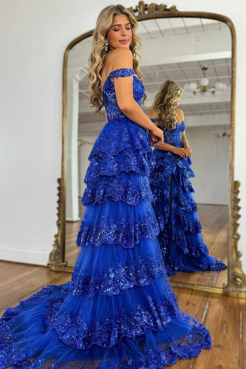 Lilac A-Line Floral Lace Corset High-Low Tiered Sequin Prom Dress With Slit AD290